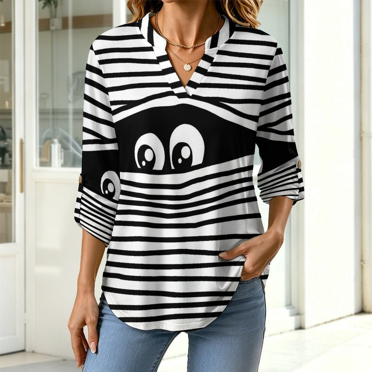 Women's Notched V Neck Tunic Tops, Roll Up 3/4 Sleeve Button Cuff Casual Blouse, Hem Loose Work Shirts  Line Eye Peek