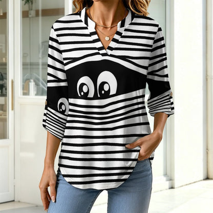 Women's Notched V Neck Tunic Tops, Roll Up 3/4 Sleeve Button Cuff Casual Blouse, Hem Loose Work Shirts  Line Eye Peek