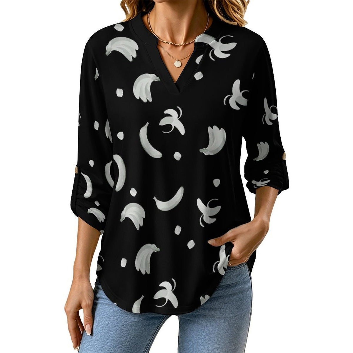 Banana T-shirt Phone Cover  Versatile Notched V-Neck Tunic | Roll Tab 3/4 Sleeve Office Casual Top