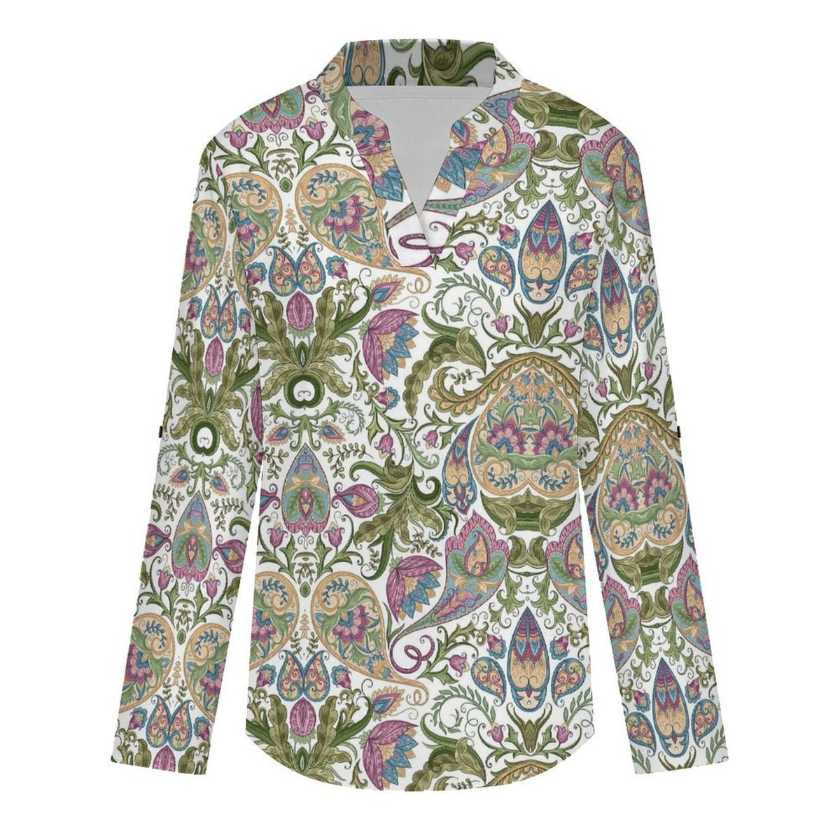 Paisley  Versatile Notched V-Neck Tunic | Roll Tab 3/4 Sleeve Office Casual Top