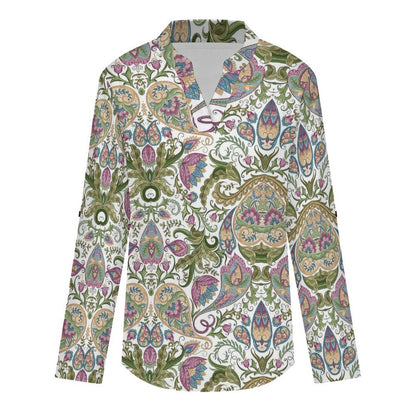 Paisley  Versatile Notched V-Neck Tunic | Roll Tab 3/4 Sleeve Office Casual Top