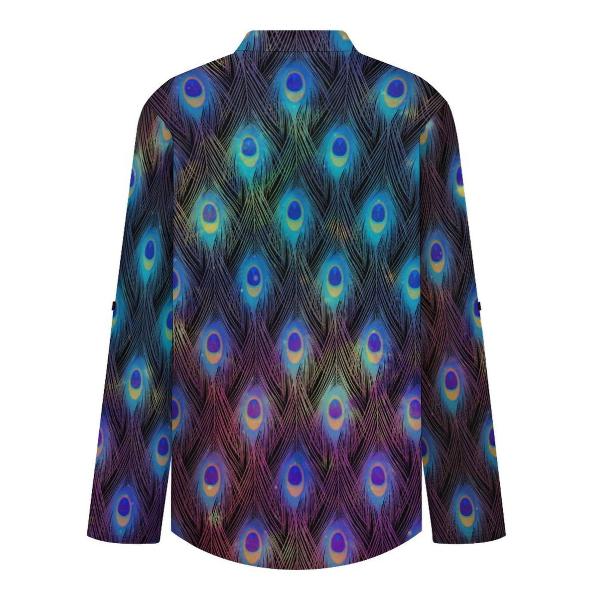 Peacock Feather Roll Tab 3/4 Sleeve Notched V Neck Tunic Blouse