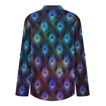 Peacock Feather Roll Tab 3/4 Sleeve Notched V Neck Tunic Blouse
