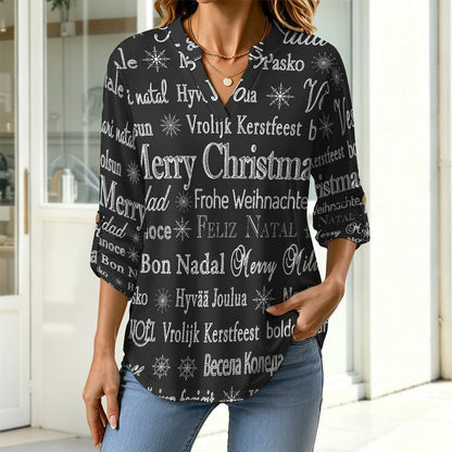 Merry Christmas  Versatile Notched V-Neck Tunic | Roll Tab 3/4 Sleeve Office Casual Top