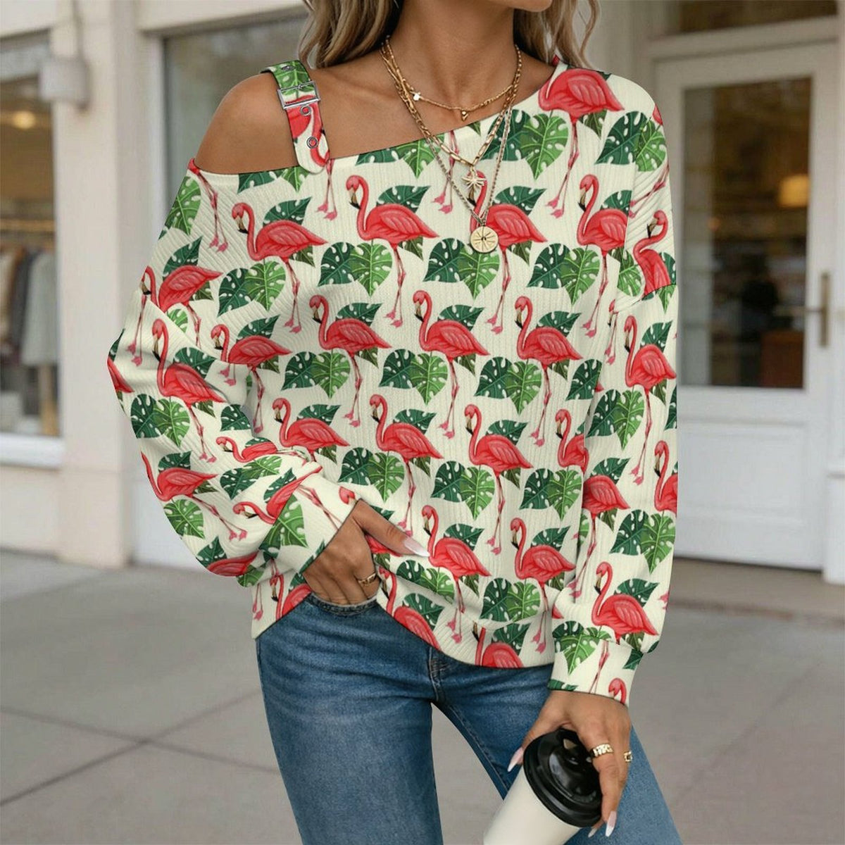 Flamingo, Repeating Pattern Fall Casual Asymmetric Shoulder Knit Top with Buckle Detail