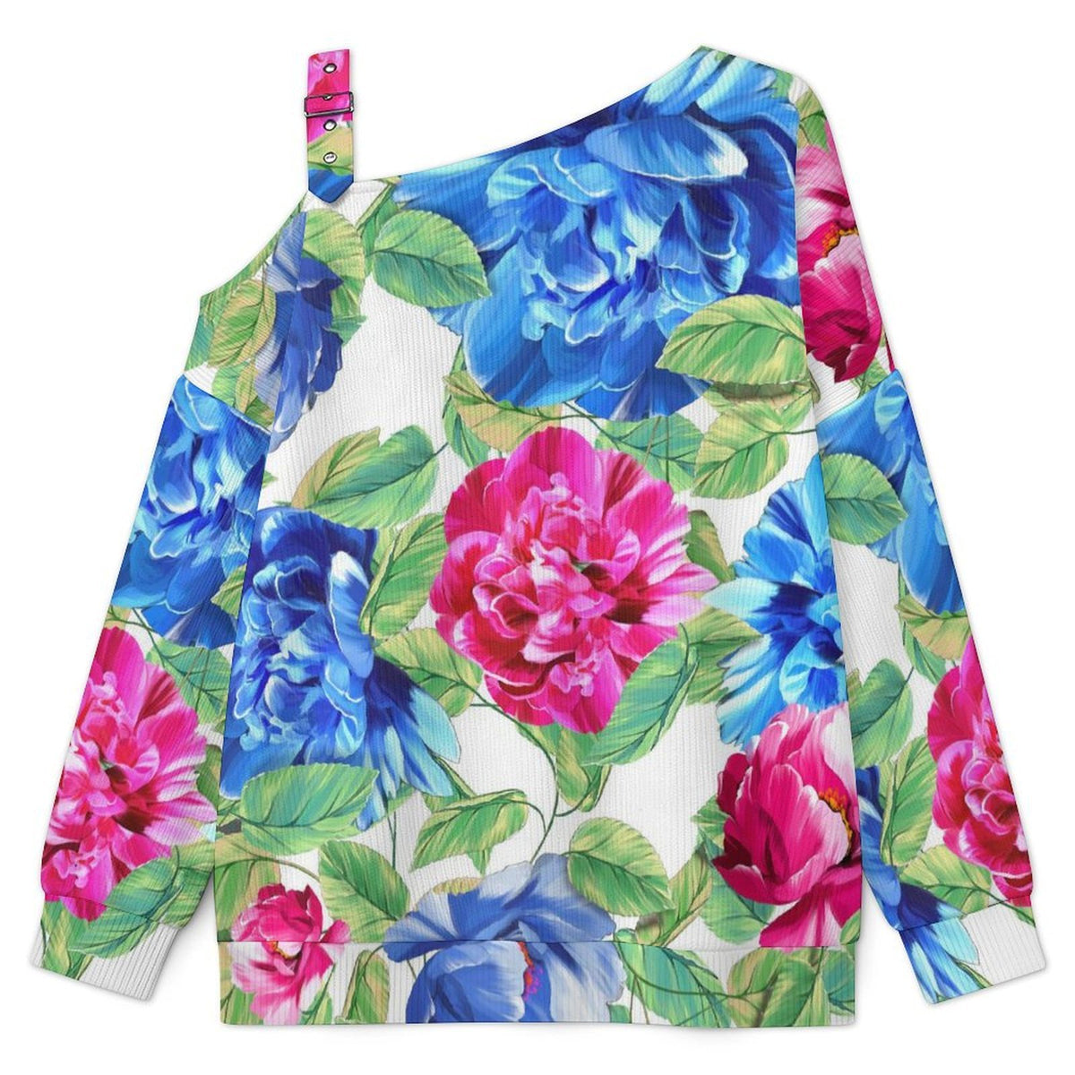 Women’s Off-Shoulder Knit Sweater Blue, Red, FlowersBlue, Red, Flowers