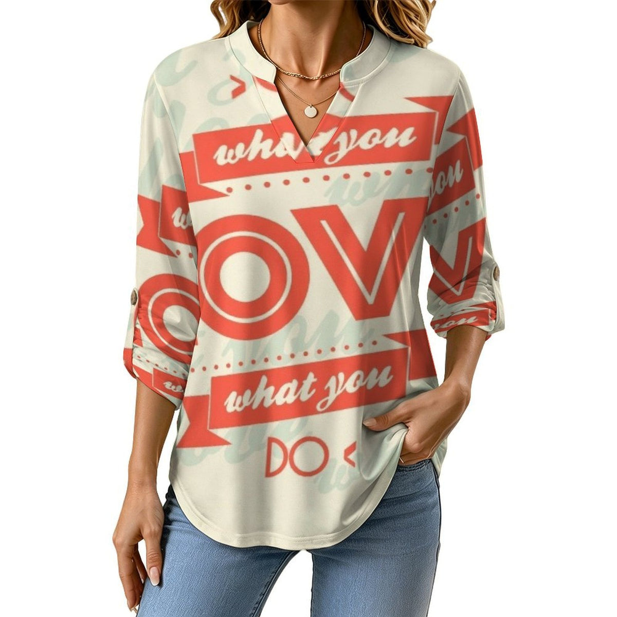Do What You Love  Versatile Notched V-Neck Tunic | Roll Tab 3/4 Sleeve Office Casual Top