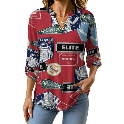 Stand-up Collar Long-sleeved Shirt Astronauts, Icons, Newspapers white S Women’s V-Neck Blouses