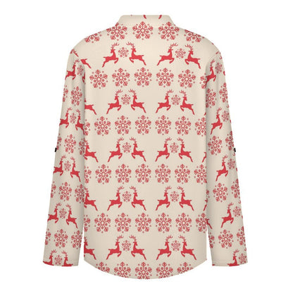 Women's Notched V Neck Tunic Tops, Roll Up 3/4 Sleeve Button Cuff Casual Blouse, Hem Loose Work Shirts  Christmas-snowflake-reindeer-red-tiled-repeat