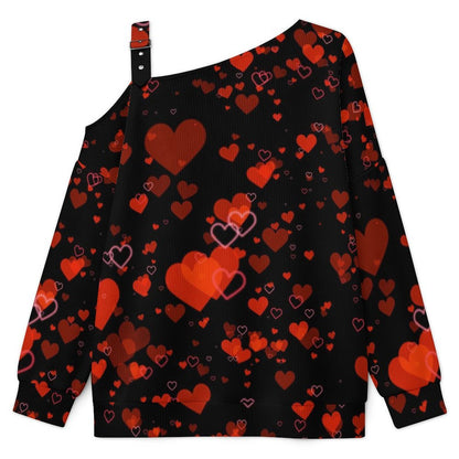 Buckle Strap Asymmetrical Off Shoulder Knit Sweater Red Heart Black Background Love