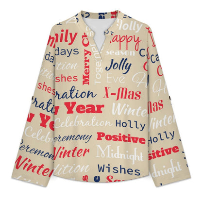 Retro Design, Newspaper Roll Tab 3/4 Sleeve Notched V Neck Tunic Blouse