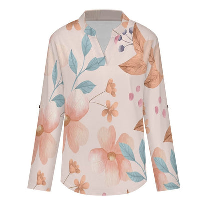 Stand-up Collar Long-sleeved Shirt Pink Flowers, Background white SWomen’s V-Neck Blouses