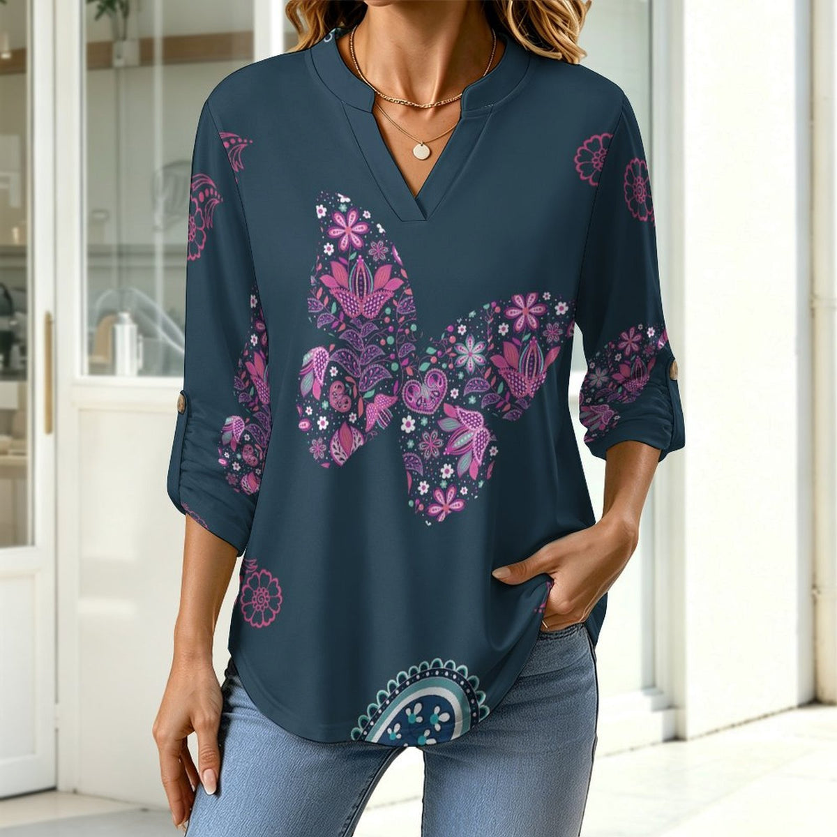 Women's Notched V Neck Tunic Tops, Roll Up 3/4 Sleeve Button Cuff Casual Blouse, Hem Loose Work Shirts  Paisley Texture Butterfly Repeat Tile Texture