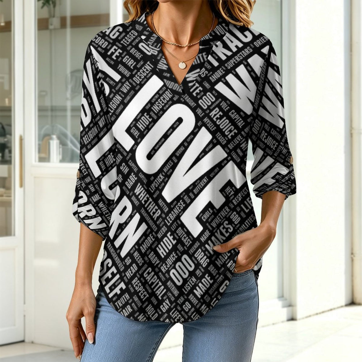 Versatile Notched V-Neck Tunic | Roll Tab 3/4 Sleeve Office Casual Top  Love  Words Dress