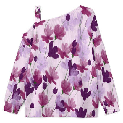 Purple Flowers Buckle Strap Asymmetrical Off Shoulder Knit Sweater