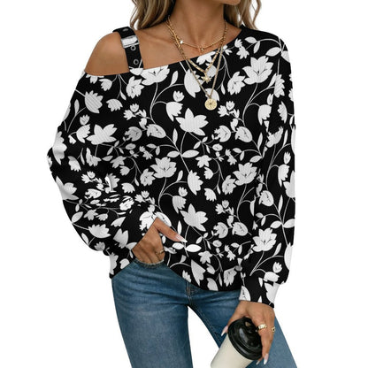 Fall Casual Asymmetric Shoulder Knit Top with Buckle Detail Flower