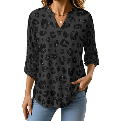 Roll Tab 3/4 Sleeve Notched V Neck Tunic Blouse  Leopard Print