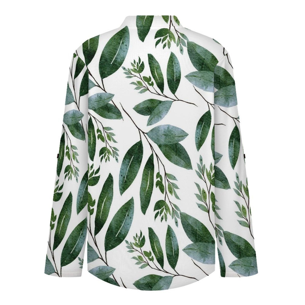 Stand-up Collar Long-sleeved Shirt Plant Pattern Green white SWomen’s V-Neck Blouses