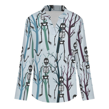 Women Curved Hem V Neck Roll Sleeve Casual Work Top  Skeletons, Woods, Forward