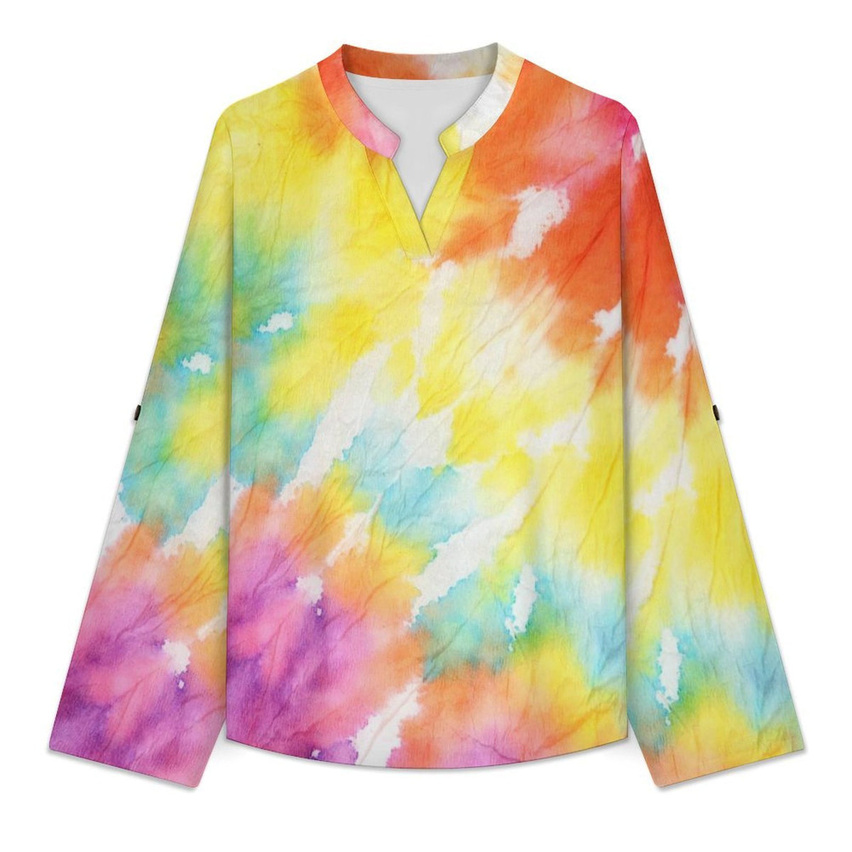 Tie Dyed Pattern Roll Tab 3/4 Sleeve Notched V Neck Tunic Blouse