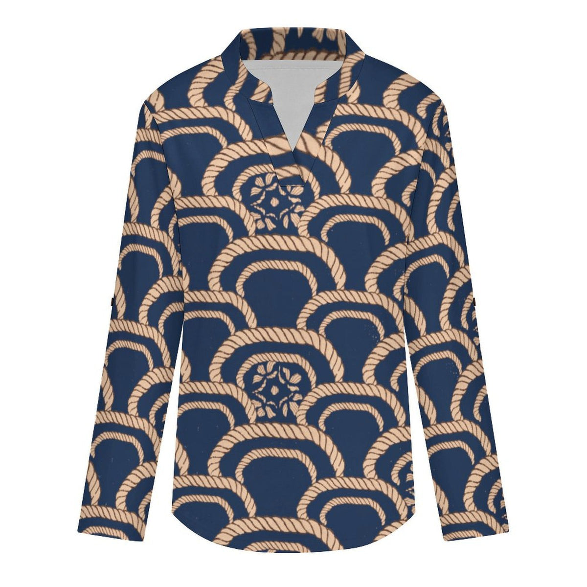 Chinese Style, Retro Pattern  Versatile Notched V-Neck Tunic | Roll Tab 3/4 Sleeve Office Casual Top