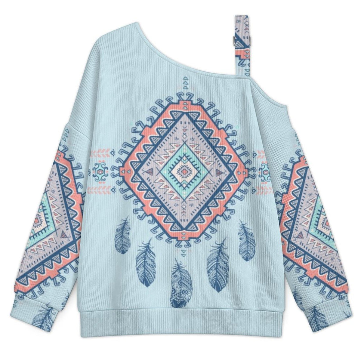 Feathers Fall Casual Asymmetric Shoulder Knit Top with Buckle Detail