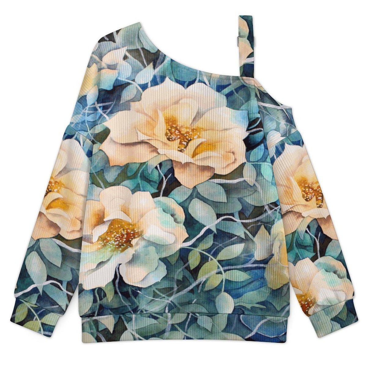Fall Casual Asymmetric Shoulder Knit Top with Buckle Detail Vintage Flower Pattern