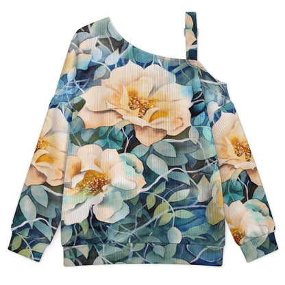 Fall Casual Asymmetric Shoulder Knit Top with Buckle Detail Vintage Flower Pattern