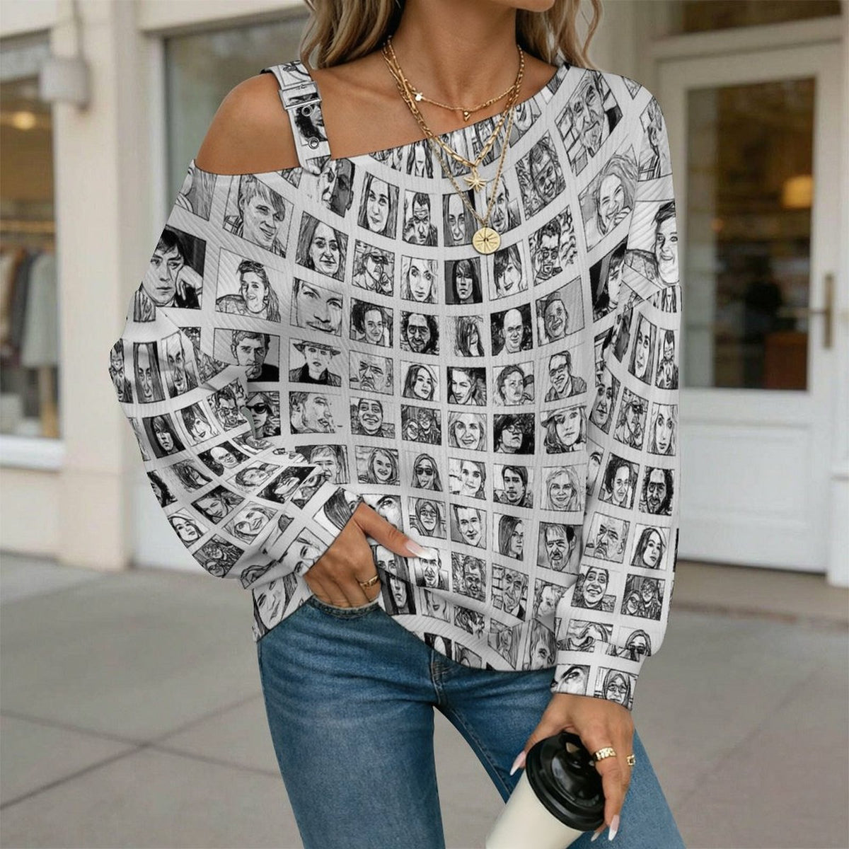 Illustration, Sketch, Figure Buckle Strap Asymmetrical Off Shoulder Knit Sweater