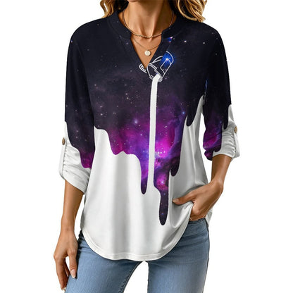 Starry Sky  Versatile Notched V-Neck Tunic | Roll Tab 3/4 Sleeve Office Casual Top