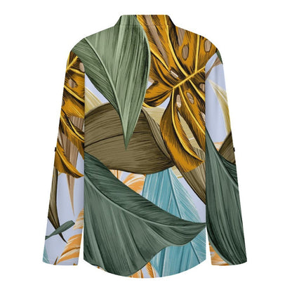 Women's Notched V Neck Tunic Tops, Roll Up 3/4 Sleeve Button Cuff Casual Blouse, Hem Loose Work Shirts Leaves, Summer