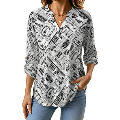Stand-up Collar Long-sleeved Shirt Newspaper Vintage Dress white S Women’s V-Neck Blouses
