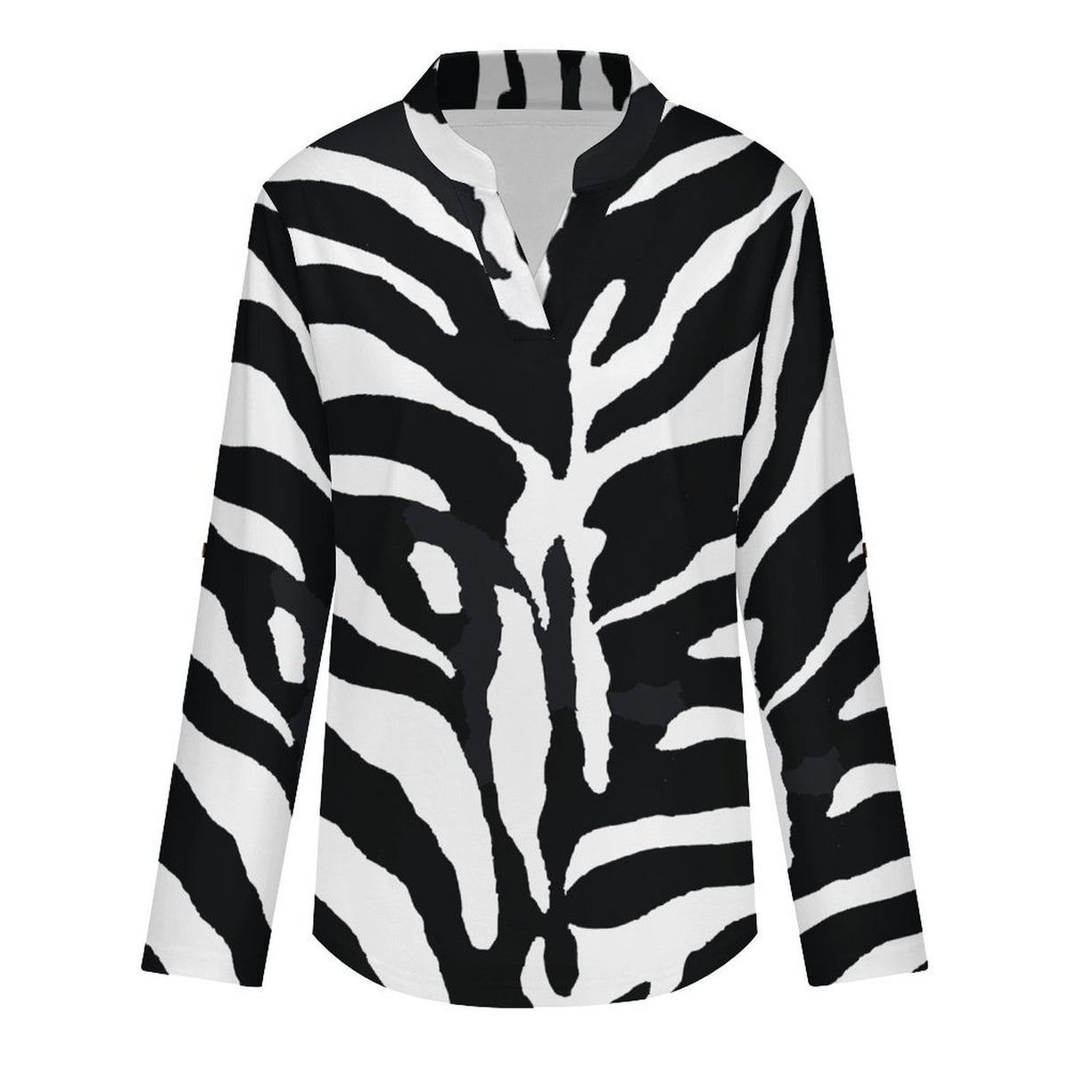 Black And White Zebra Print Roll Tab 3/4 Sleeve Notched V Neck Tunic Blouse
