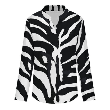 Black And White Zebra Print Roll Tab 3/4 Sleeve Notched V Neck Tunic Blouse