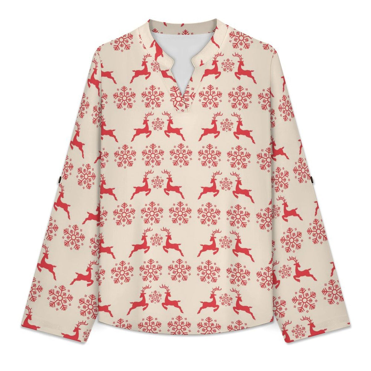 Women's Notched V Neck Tunic Tops, Roll Up 3/4 Sleeve Button Cuff Casual Blouse, Hem Loose Work Shirts  Christmas-snowflake-reindeer-red-tiled-repeat