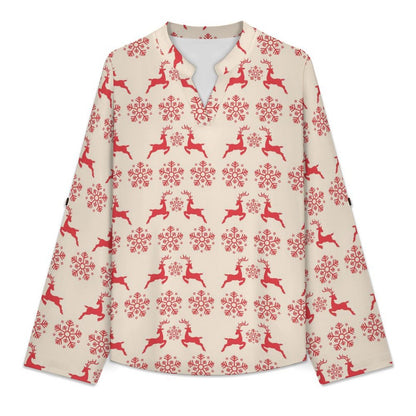 Women's Notched V Neck Tunic Tops, Roll Up 3/4 Sleeve Button Cuff Casual Blouse, Hem Loose Work Shirts  Christmas-snowflake-reindeer-red-tiled-repeat