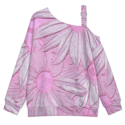 Pink Flowers Buckle Strap Asymmetrical Off Shoulder Knit Sweater