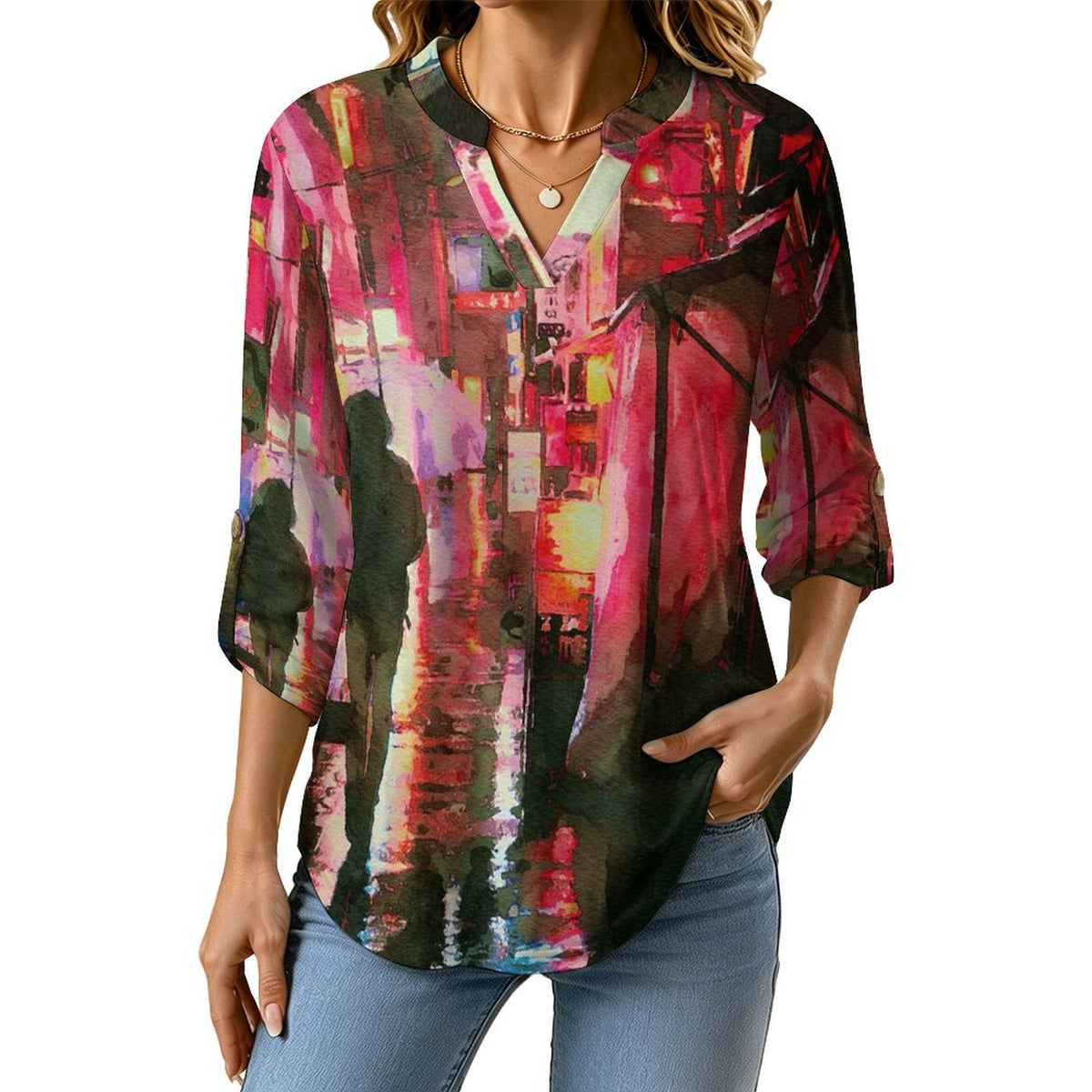 Watercolor Painting, Late at Night, Lonely Roll Tab 3/4 Sleeve Notched V Neck Tunic Blouse