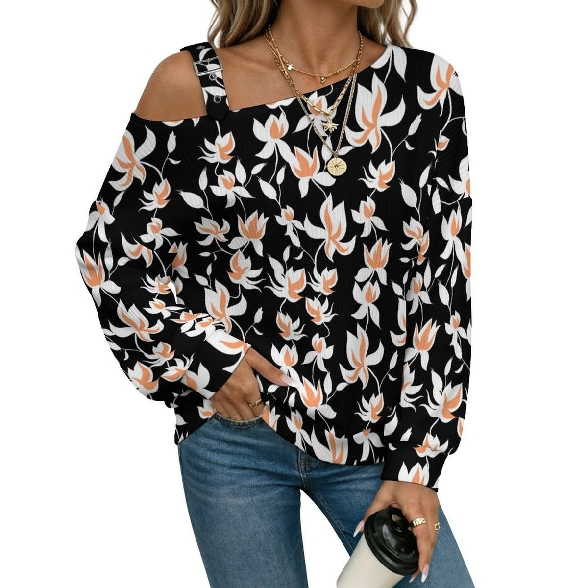Fall Casual Asymmetric Shoulder Knit Top with Buckle Detail Flower Pattern Repeat