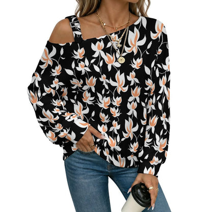 Fall Casual Asymmetric Shoulder Knit Top with Buckle Detail Flower Pattern Repeat