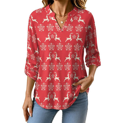 Women's Notched V Neck Tunic Tops, Roll Up 3/4 Sleeve Button Cuff Casual Blouse, Hem Loose Work Shirts  Christmas-snowflake-reindeer-red-tiled-repeat