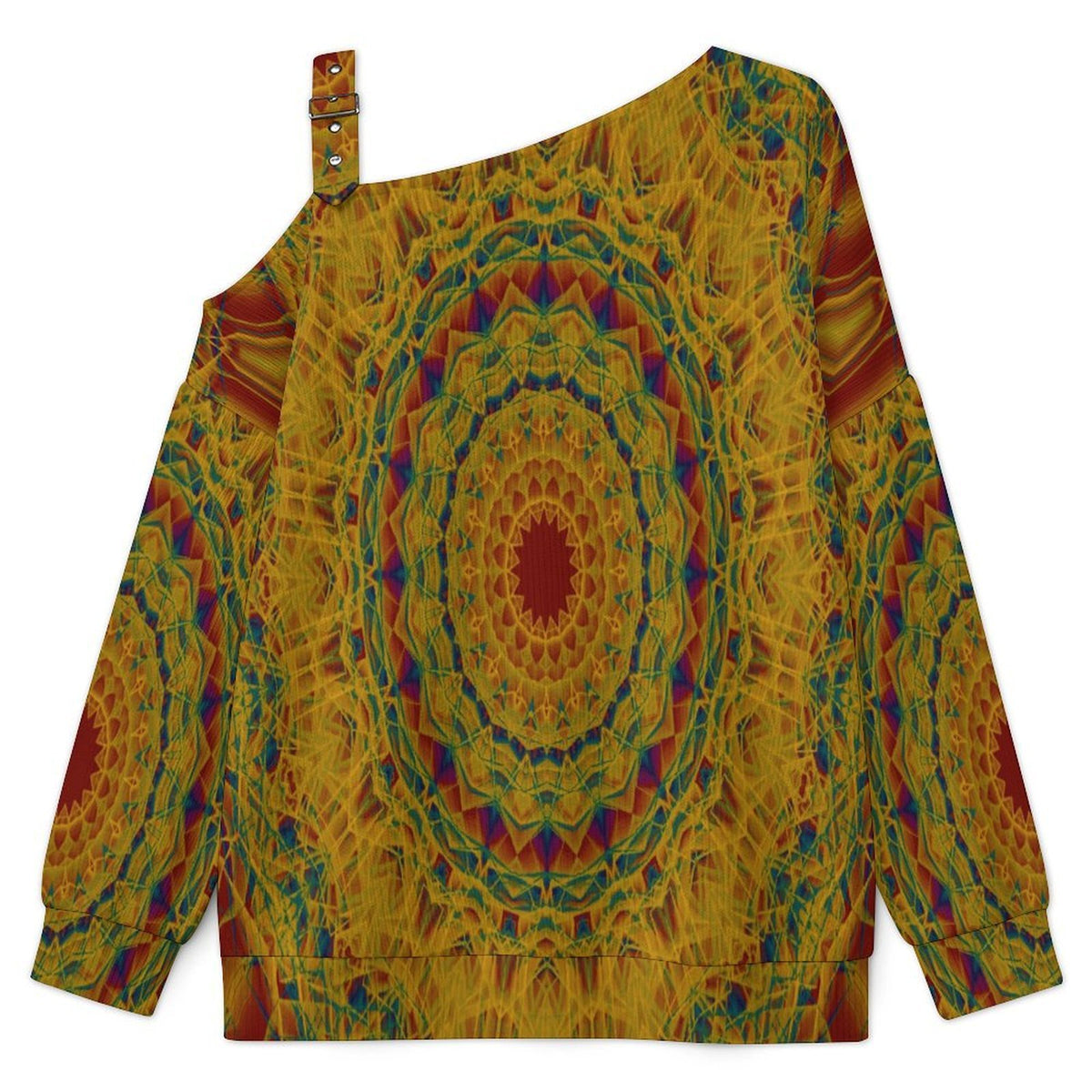 Retro Pattern, Background Fall Casual Asymmetric Shoulder Knit Top with Buckle Detail