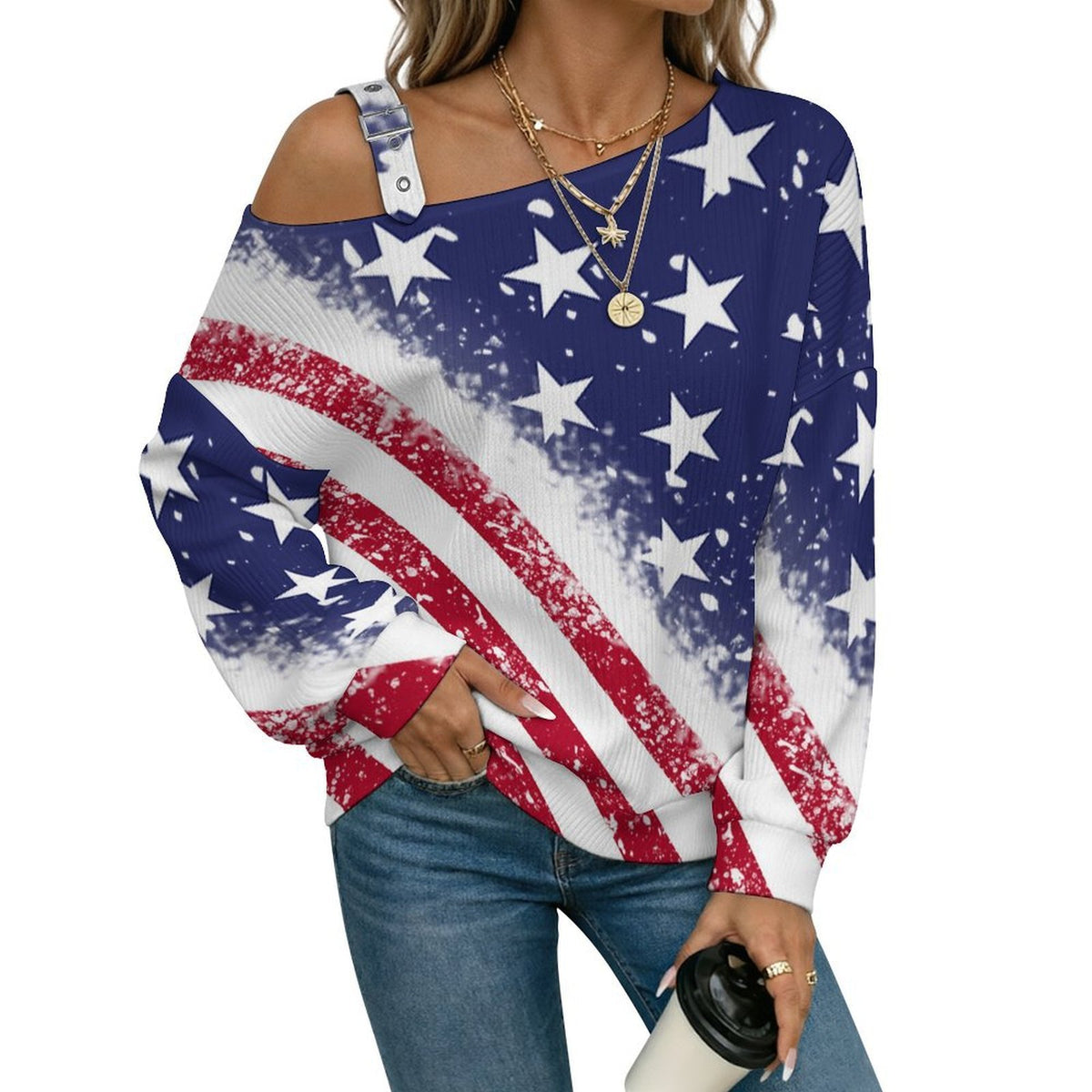 Women’s Off-Shoulder Knit Sweater National Flag,American