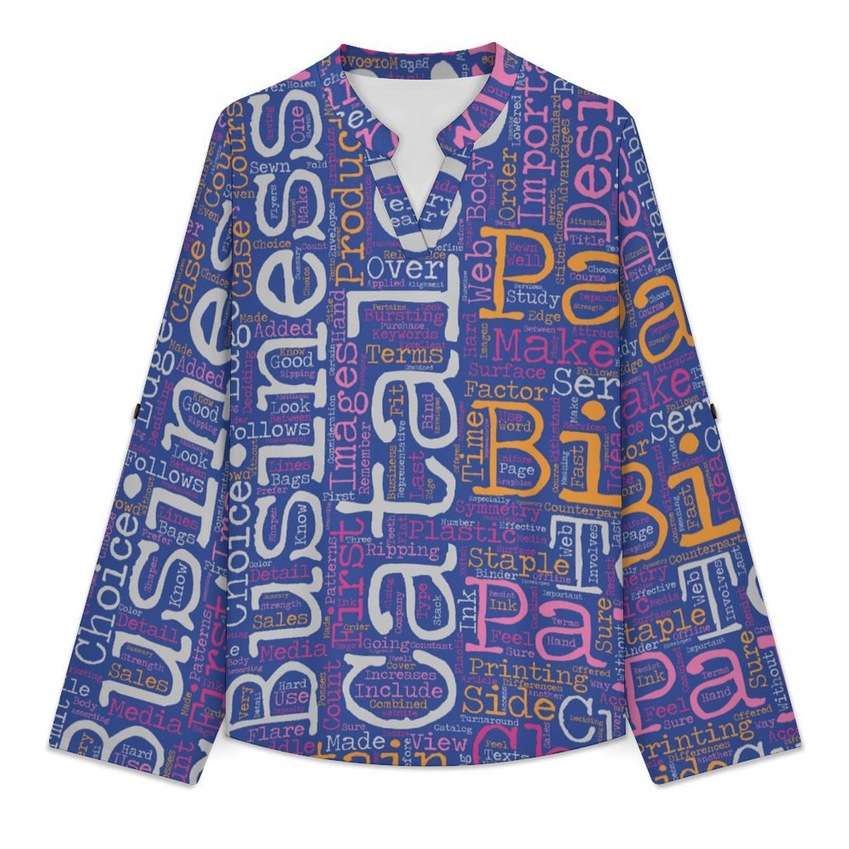 English Newspaper Roll Tab 3/4 Sleeve Notched V Neck Tunic Blouse