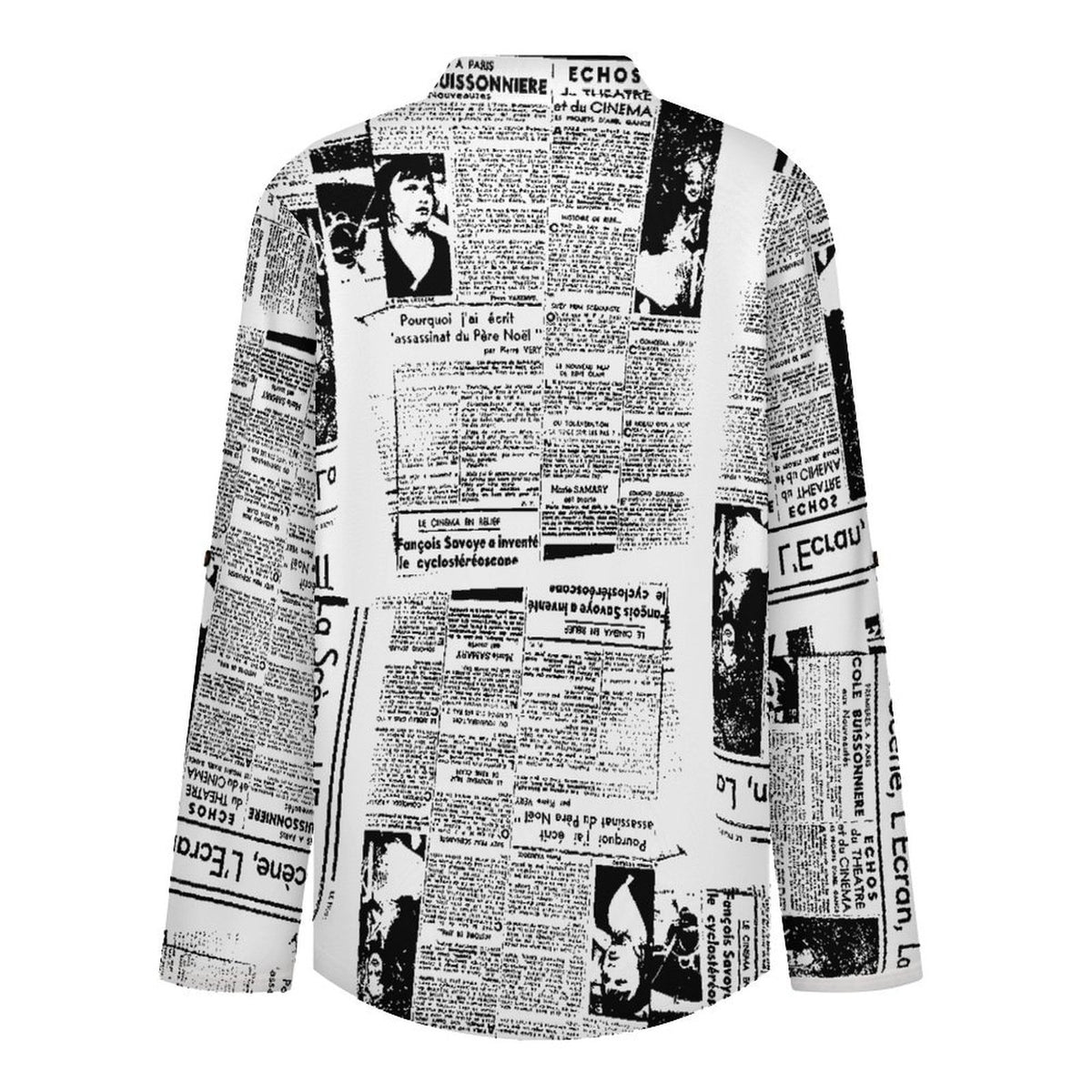 Stand-up Collar Long-sleeved Shirt Newspaper Vintage Dress white S Women’s V-Neck Blouses