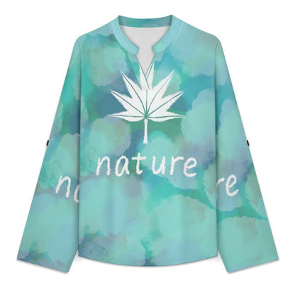 Women's Notched V Neck Tunic Tops, Roll Up 3/4 Sleeve Button Cuff Casual Blouse, Hem Loose Work Shirts  Tie-dyed Blue Maple Leaf