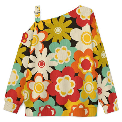 Women’s Off-Shoulder Knit Sweater Colorful Flowers
