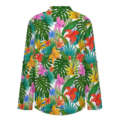 Women's Notched V Neck Tunic Tops, Roll Up 3/4 Sleeve Button Cuff Casual Blouse, Hem Loose Work Shirts Colorful Flowers And Green Leaves