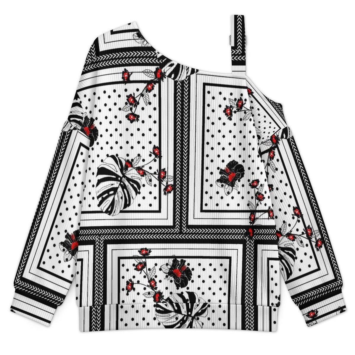 Fall Casual Asymmetric Shoulder Knit Top with Buckle Detail European Retro Pattern