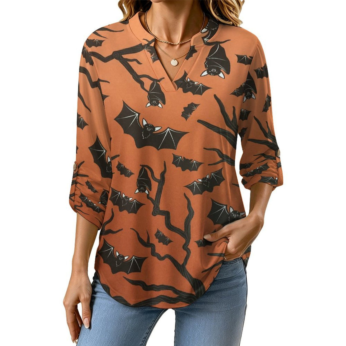 Women Curved Hem V Neck Roll Sleeve Casual Work Top  Brown, Bat, Background